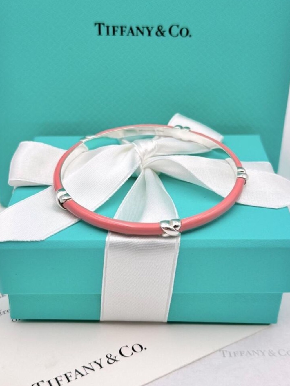 Tiffany & Co. Pink Enamel Signature X Bangle Bracelet Sterling Silver Gift Box